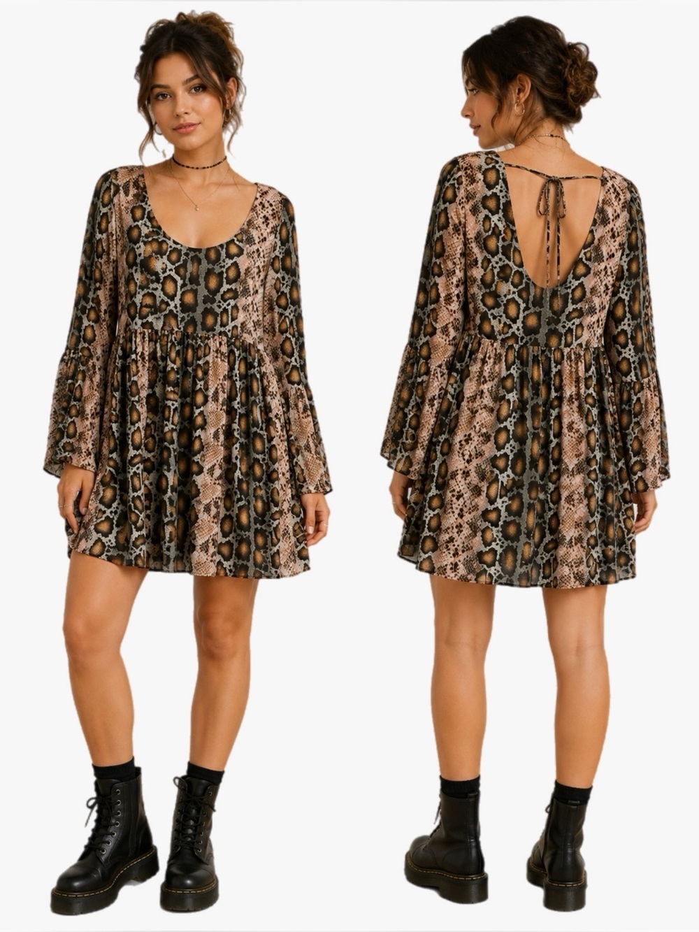 Adrienne Snake Print Babydoll Mini Dress Brown Tan Long Sleeve Size Small